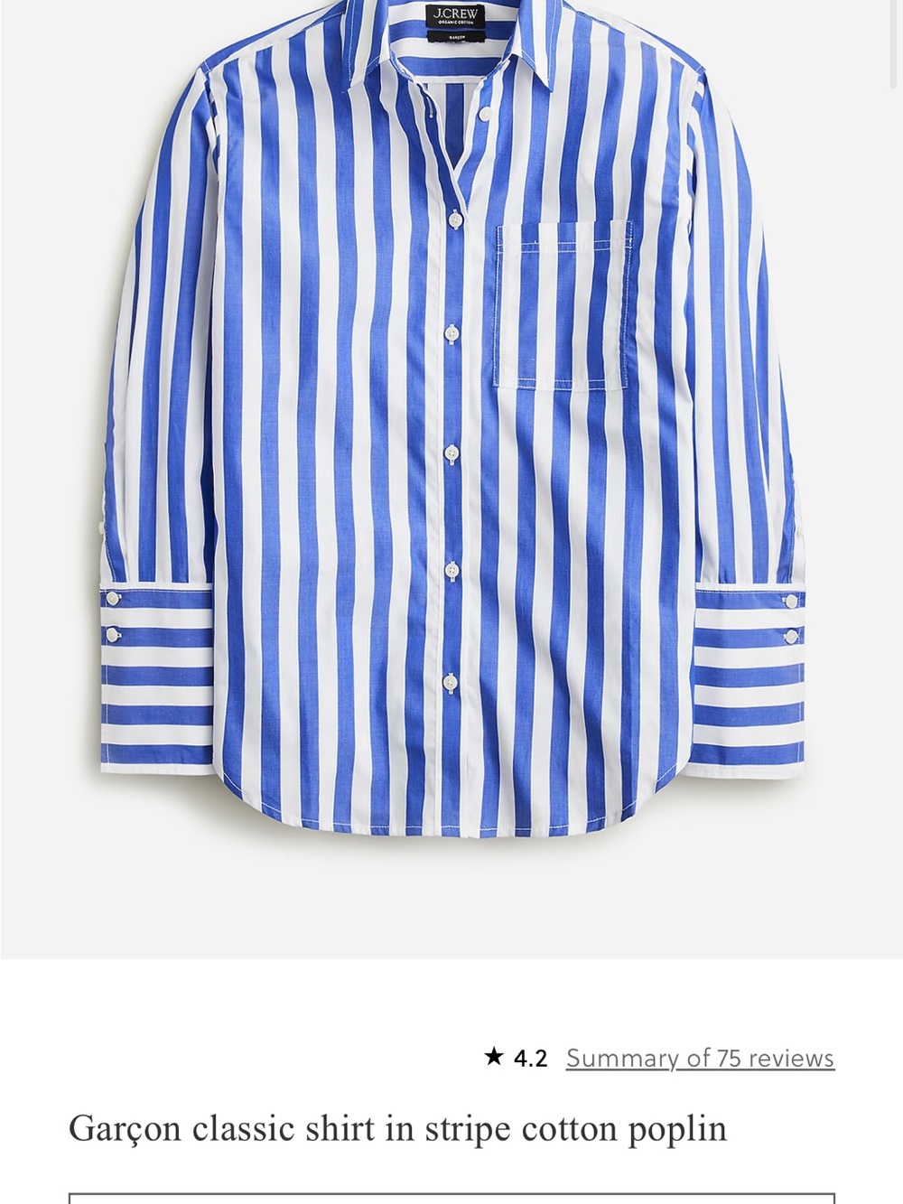 J. Crew Blue and White Stripe Garçon Classic Cotton Poplin Shirt